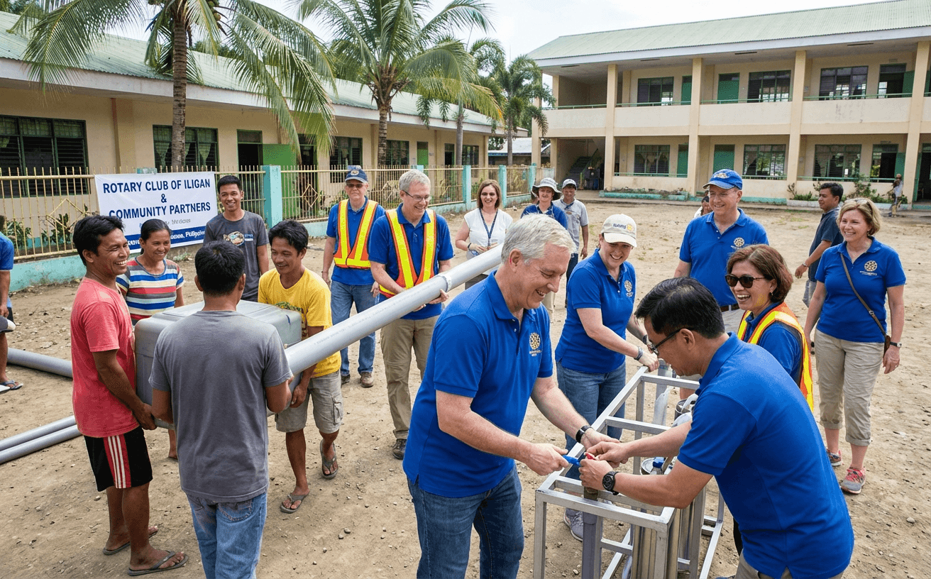 Rotary Club members and community installing a SkyHydrant system in Iligan City